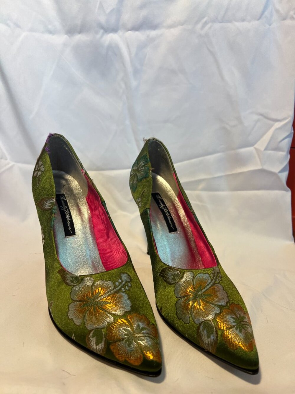 Beverly Feldman Green Metallic Floral Brocade Pointed-Toe Stiletto Pump